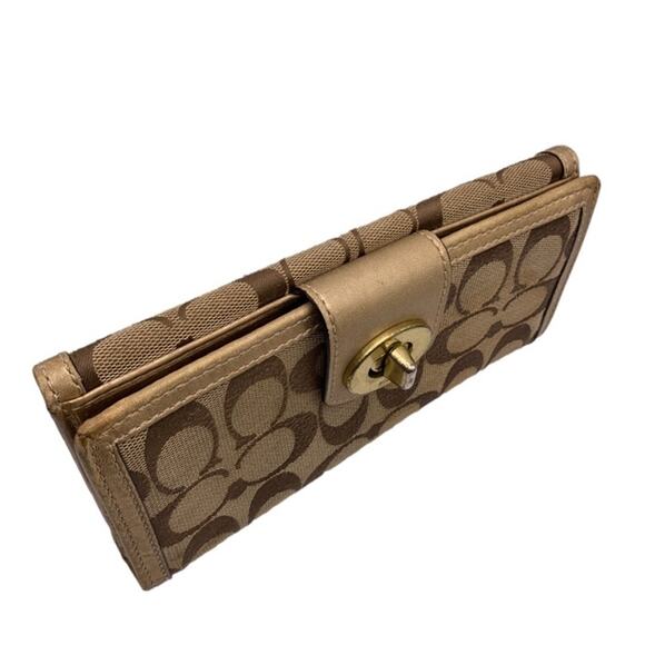 COACH Brown and Gold Canvas Turnlock Wallet - Picture 4 of 8